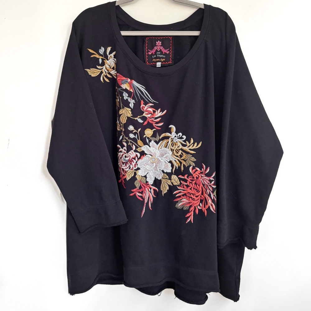 JOHNNY WAS Black Embroidered Terry Pullover Raw Edge Sweatshirt 2X Bird/Floral